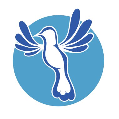 Rozet şeklindeki küçük kuşun çizgi çizimi. Logo için geometrik şekilli güvercin çizimi.