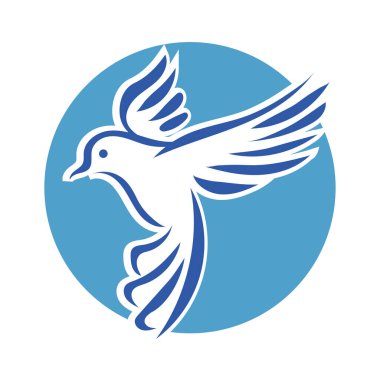 Rozet şeklindeki küçük kuşun çizgi çizimi. Logo için geometrik şekilli güvercin çizimi.