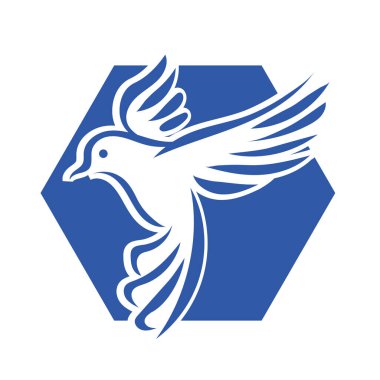 Rozet şeklindeki küçük kuşun çizgi çizimi. Logo için geometrik şekilli güvercin çizimi.