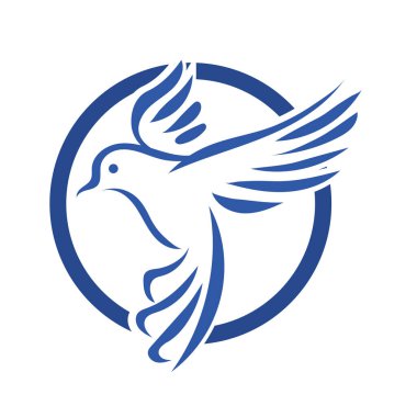 Rozet şeklindeki küçük kuşun çizgi çizimi. Logo için geometrik şekilli güvercin çizimi.