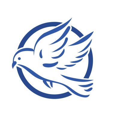 Rozet şeklindeki küçük kuşun çizgi çizimi. Logo için geometrik şekilli güvercin çizimi.