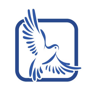Rozet şeklindeki küçük kuşun çizgi çizimi. Logo için geometrik şekilli güvercin çizimi.