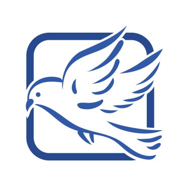 Rozet şeklindeki küçük kuşun çizgi çizimi. Logo için geometrik şekilli güvercin çizimi.