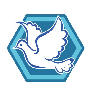 Rozet şeklindeki küçük kuşun çizgi çizimi. Logo için geometrik şekilli güvercin çizimi.