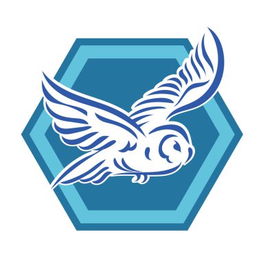 Baykuşun stilize edilmiş çizgi çizimi. Rozet şeklinde. Logo için geometrik şekilli küçük bir baykuş çizimi.