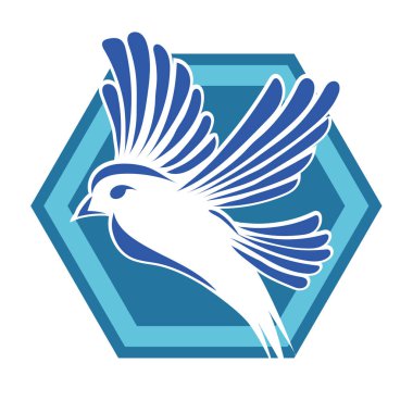 Rozet şeklindeki küçük kuşun çizgi çizimi. Logo için geometrik şekilli güvercin çizimi.