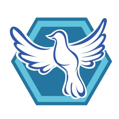 Rozet şeklindeki küçük kuşun çizgi çizimi. Logo için geometrik şekilli güvercin çizimi.