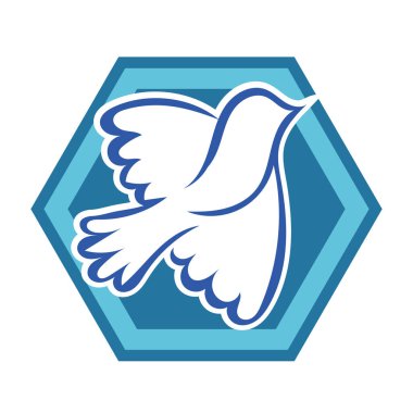 Rozet şeklindeki küçük kuşun çizgi çizimi. Logo için geometrik şekilli güvercin çizimi.