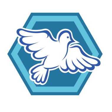 Rozet şeklindeki küçük kuşun çizgi çizimi. Logo için geometrik şekilli güvercin çizimi.