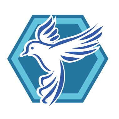 Rozet şeklindeki küçük kuşun çizgi çizimi. Logo için geometrik şekilli güvercin çizimi.