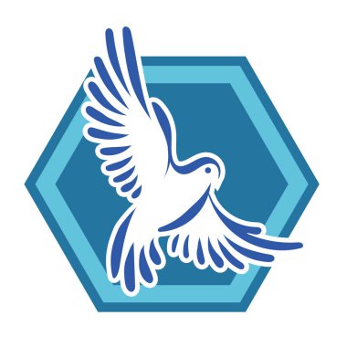 Rozet şeklindeki küçük kuşun çizgi çizimi. Logo için geometrik şekilli güvercin çizimi.