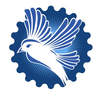 Rozet şeklindeki küçük kuşun çizgi çizimi. Logo için geometrik şekilli güvercin çizimi.