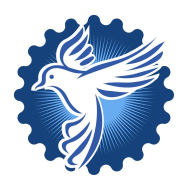 Rozet şeklindeki küçük kuşun çizgi çizimi. Logo için geometrik şekilli güvercin çizimi.