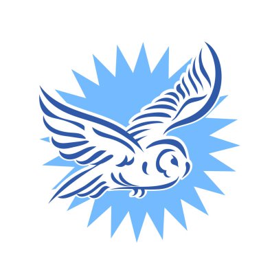 Baykuşun stilize edilmiş çizgi çizimi. Rozet şeklinde. Logo için geometrik şekilli küçük bir baykuş çizimi.