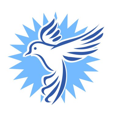 Rozet şeklindeki küçük kuşun çizgi çizimi. Logo için geometrik şekilli güvercin çizimi.