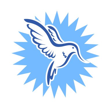 Rozet şeklindeki küçük kuşun çizgi çizimi. Logo için geometrik şekilli güvercin çizimi.