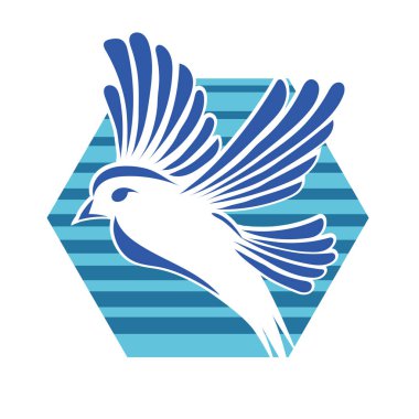 Rozet şeklindeki küçük kuşun çizgi çizimi. Logo için geometrik şekilli güvercin çizimi.