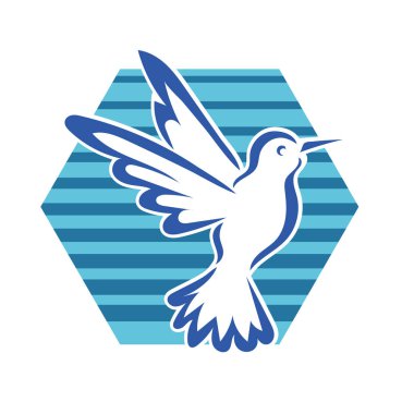 Rozet şeklindeki küçük kuşun çizgi çizimi. Logo için geometrik şekilli güvercin çizimi.