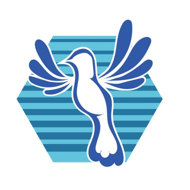 Rozet şeklindeki küçük kuşun çizgi çizimi. Logo için geometrik şekilli güvercin çizimi.