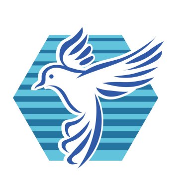 Rozet şeklindeki küçük kuşun çizgi çizimi. Logo için geometrik şekilli güvercin çizimi.