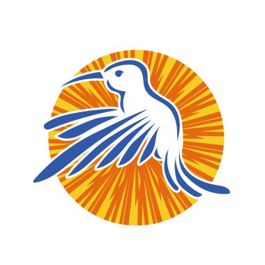 Rozet şeklindeki küçük kuşun çizgi çizimi. Logo için geometrik şekilli güvercin çizimi.