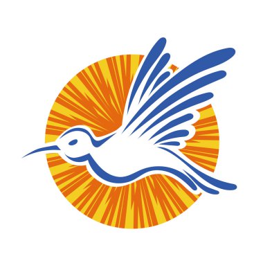 Rozet şeklindeki küçük kuşun çizgi çizimi. Logo için geometrik şekilli güvercin çizimi.