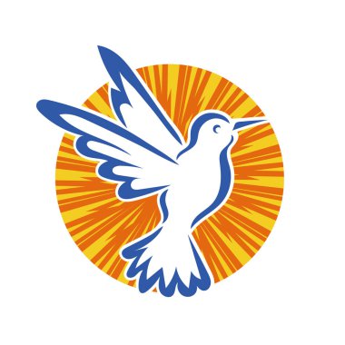 Rozet şeklindeki küçük kuşun çizgi çizimi. Logo için geometrik şekilli güvercin çizimi.