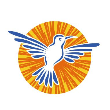 Rozet şeklindeki küçük kuşun çizgi çizimi. Logo için geometrik şekilli güvercin çizimi.