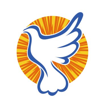 Rozet şeklindeki küçük kuşun çizgi çizimi. Logo için geometrik şekilli güvercin çizimi.