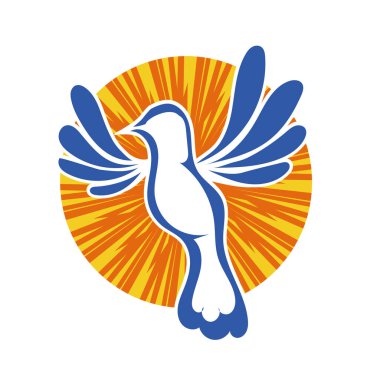 Rozet şeklindeki küçük kuşun çizgi çizimi. Logo için geometrik şekilli güvercin çizimi.