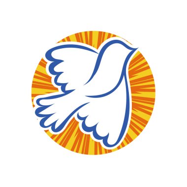 Rozet şeklindeki küçük kuşun çizgi çizimi. Logo için geometrik şekilli güvercin çizimi.