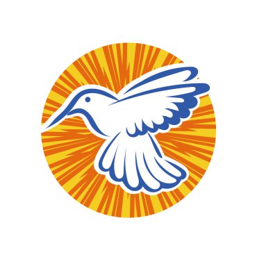 Rozet şeklindeki küçük kuşun çizgi çizimi. Logo için geometrik şekilli güvercin çizimi.