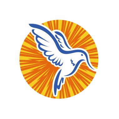 Rozet şeklindeki küçük kuşun çizgi çizimi. Logo için geometrik şekilli güvercin çizimi.