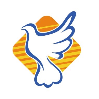 Rozet şeklindeki küçük kuşun çizgi çizimi. Logo için geometrik şekilli güvercin çizimi.