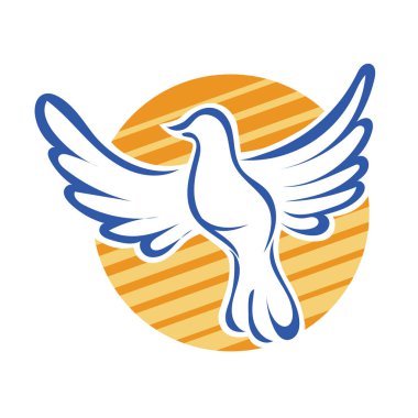 Rozet şeklindeki küçük kuşun çizgi çizimi. Logo için geometrik şekilli güvercin çizimi.