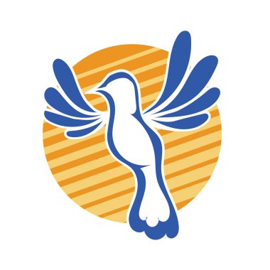 Rozet şeklindeki küçük kuşun çizgi çizimi. Logo için geometrik şekilli güvercin çizimi.
