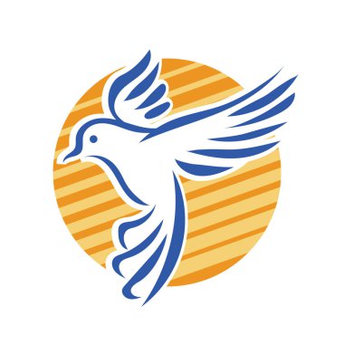 Rozet şeklindeki küçük kuşun çizgi çizimi. Logo için geometrik şekilli güvercin çizimi.