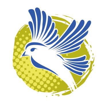 Rozet şeklindeki küçük kuşun çizgi çizimi. Logo için geometrik şekilli güvercin çizimi.