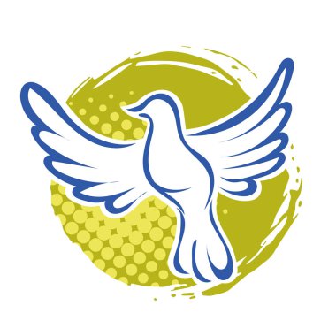 Rozet şeklindeki küçük kuşun çizgi çizimi. Logo için geometrik şekilli güvercin çizimi.