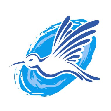 Rozet şeklindeki küçük kuşun çizgi çizimi. Logo için geometrik şekilli güvercin çizimi.