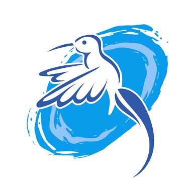 Rozet şeklindeki küçük kuşun çizgi çizimi. Logo için geometrik şekilli güvercin çizimi.