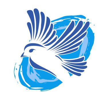 Rozet şeklindeki küçük kuşun çizgi çizimi. Logo için geometrik şekilli güvercin çizimi.