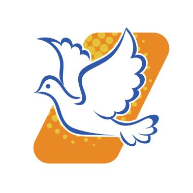 Rozet şeklindeki küçük kuşun çizgi çizimi. Logo için geometrik şekilli güvercin çizimi.