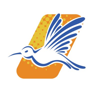 Rozet şeklindeki küçük kuşun çizgi çizimi. Logo için geometrik şekilli güvercin çizimi.