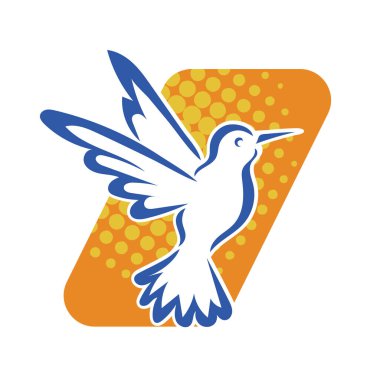 Rozet şeklindeki küçük kuşun çizgi çizimi. Logo için geometrik şekilli güvercin çizimi.