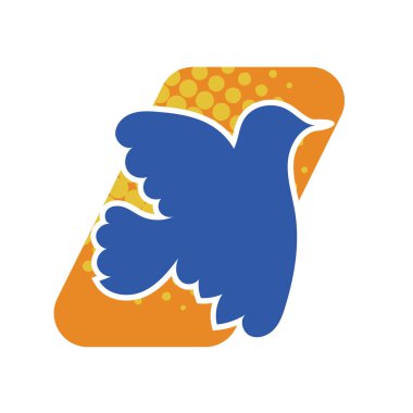Rozet şeklinde şekillendirilmiş küçük kuş silueti. Logo için geometrik şekilli küçük bir güvercin çizimi.