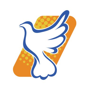 Rozet şeklindeki küçük kuşun çizgi çizimi. Logo için geometrik şekilli güvercin çizimi.