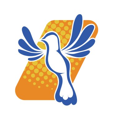 Rozet şeklindeki küçük kuşun çizgi çizimi. Logo için geometrik şekilli güvercin çizimi.