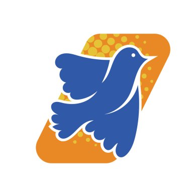 Rozet şeklinde şekillendirilmiş küçük kuş silueti. Logo için geometrik şekilli küçük bir güvercin çizimi.