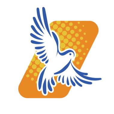 Rozet şeklindeki küçük kuşun çizgi çizimi. Logo için geometrik şekilli güvercin çizimi.